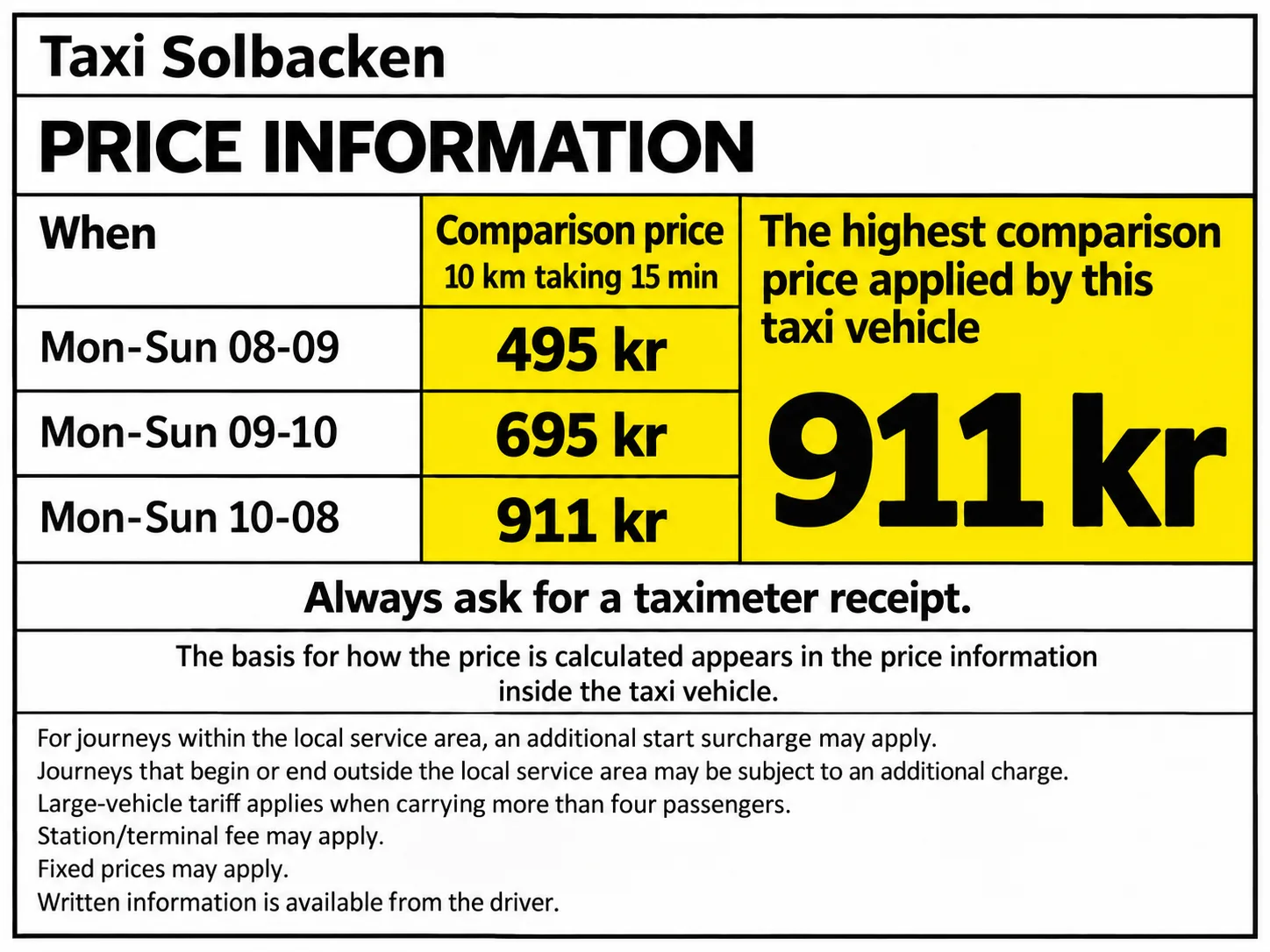 English explanatory version of the fictional taxi price label with a highest comparison price of SEK 911.