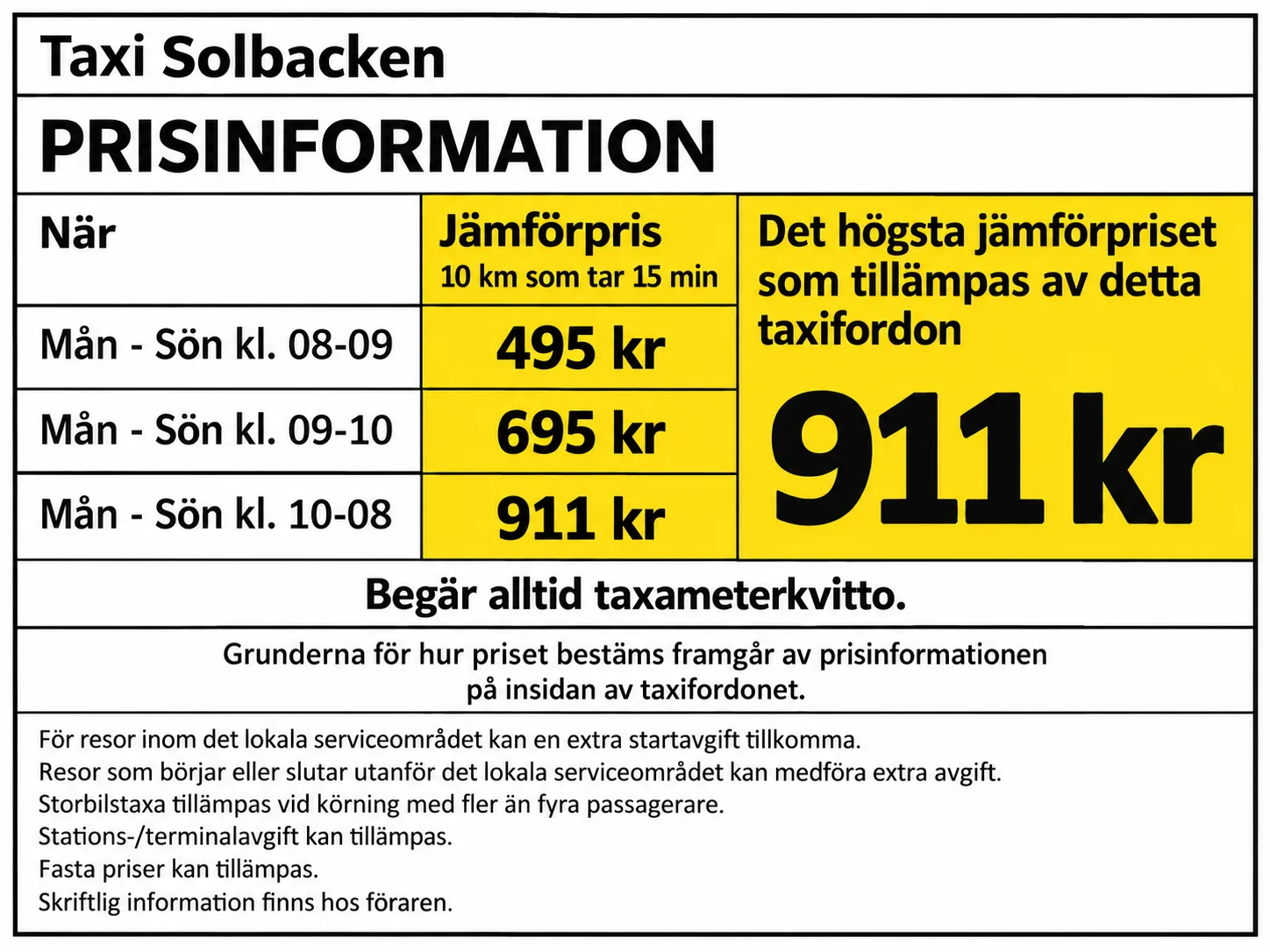 Illustrative Swedish taxi price label showing a highest comparison price of SEK 911.