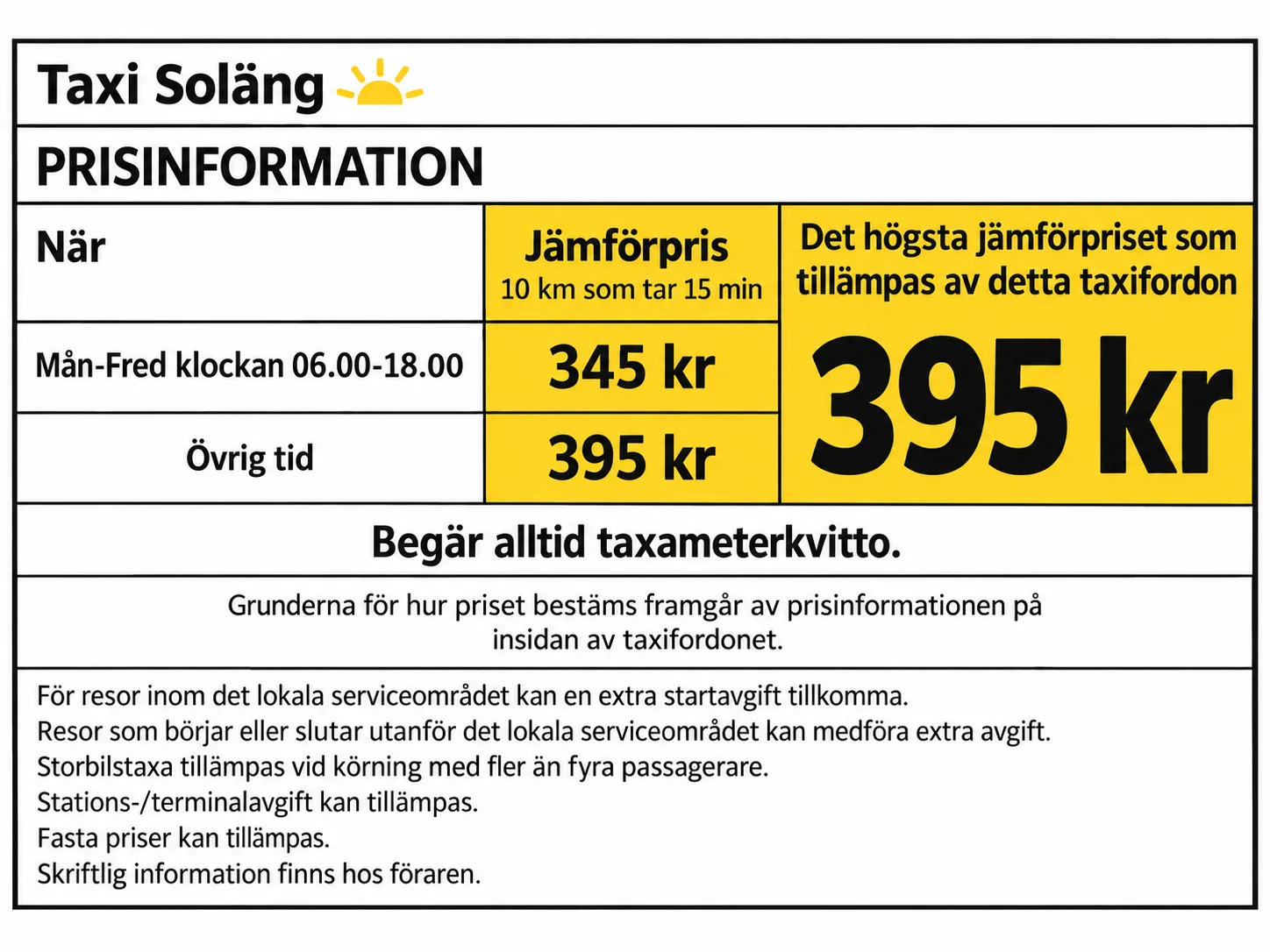 Illustrative Swedish taxi price label showing a highest comparison price of SEK 395.