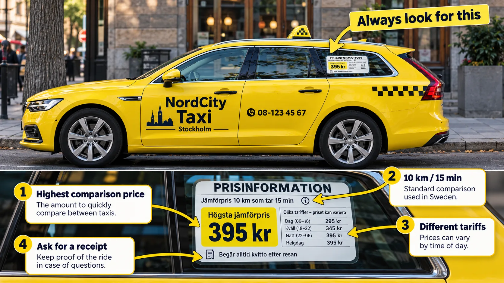 Illustration showing where to look for the yellow and white taxi price-information label on the outside of a Swedish taxi.
